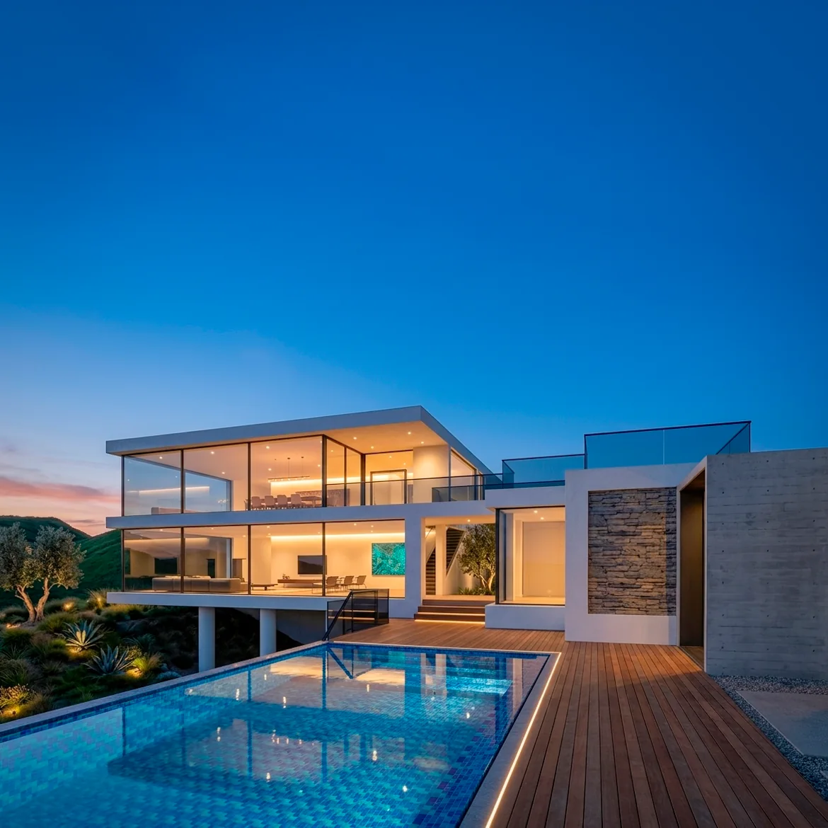 Render fotorrealista de uma casa de campo ao entardecer