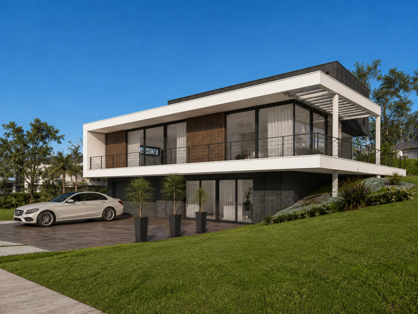 Render final de residência moderna em vista lateral