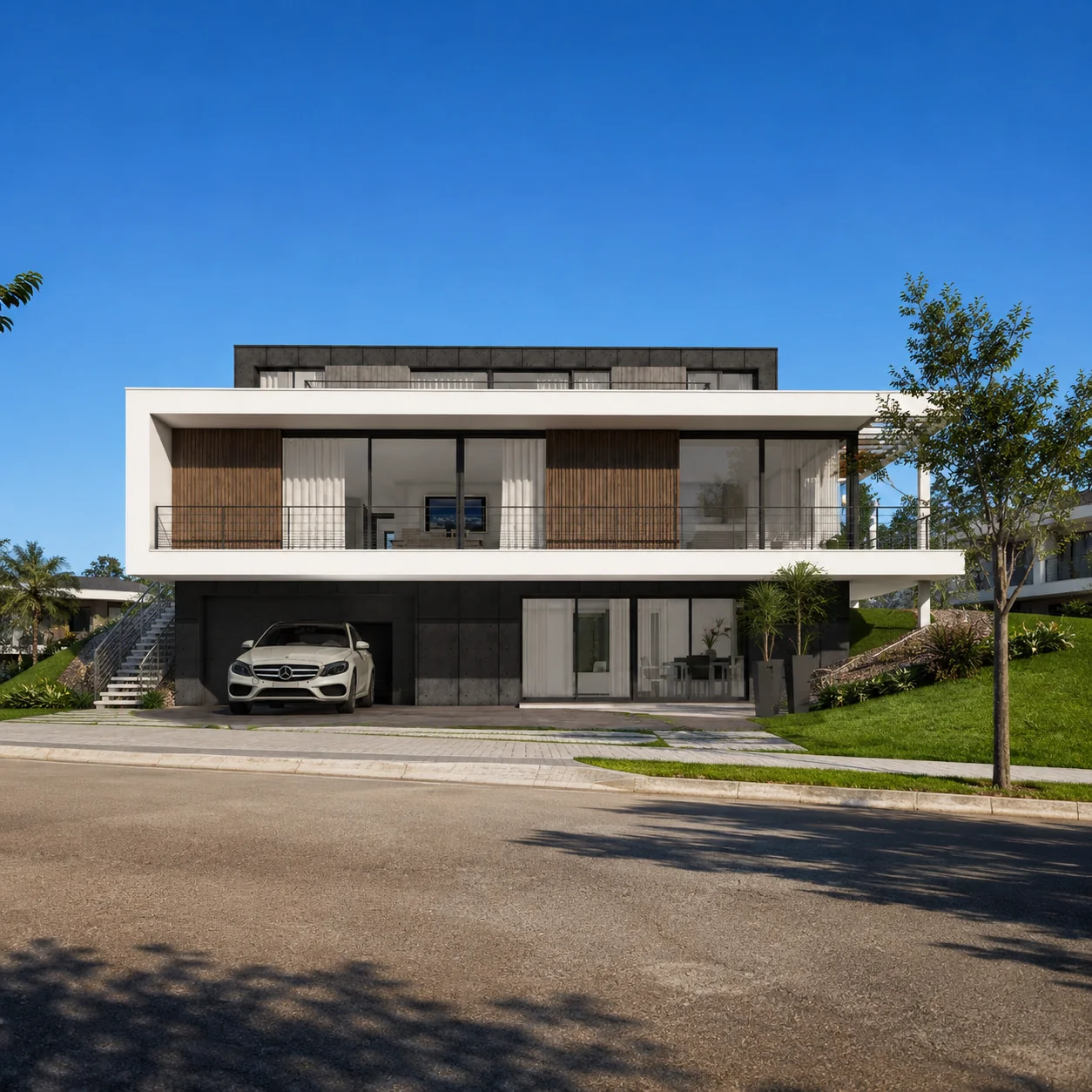 Vista frontal do render final de residência moderna